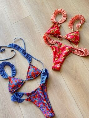 Floral Triangle Tie Bikini Top and Cheeky Bottom - Blue & Pink
